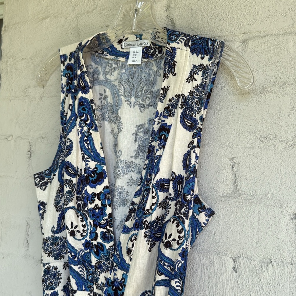Christian LaCroix Blue/White Floral Linen Sleeveless Mini Wrap Dress Medium - Picture 7 of 14